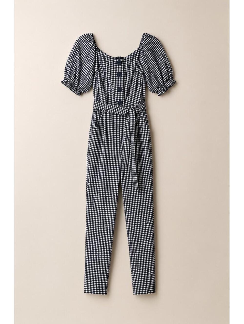 New York & Company Blue White Straight Jumpsuit Size M